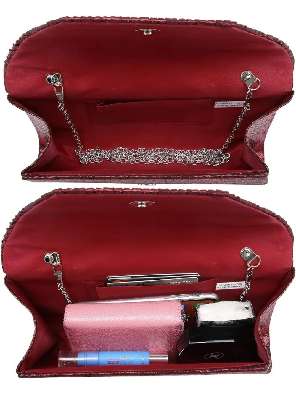 Women’s Burgundy Clutch Purse With Detachable Chain Wedding Formal Evening Bag